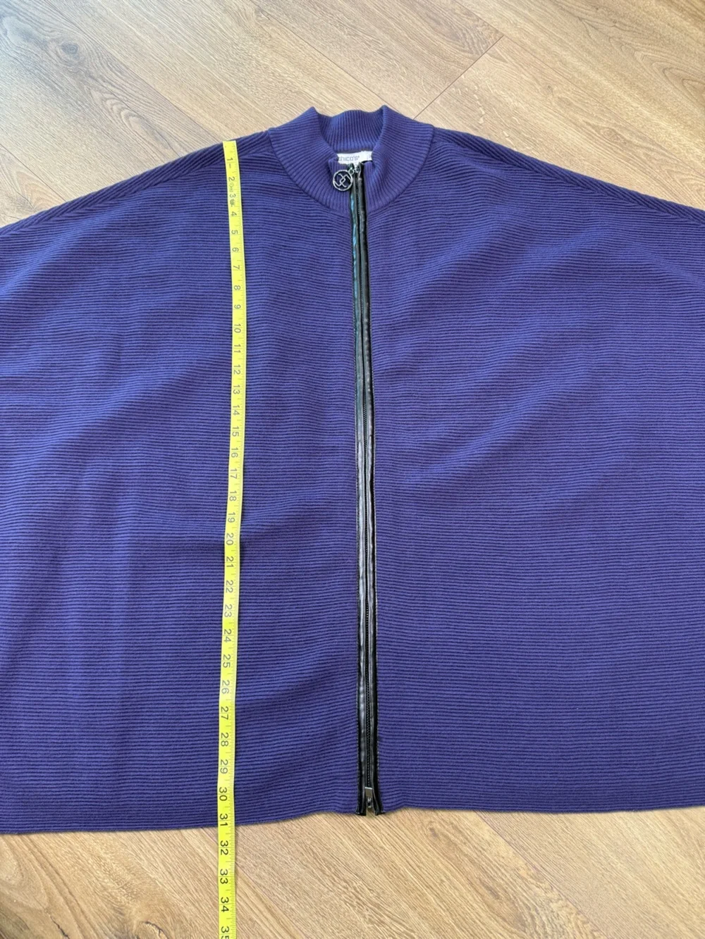 NWT Chico’s Zip Front Trimmed Ruana Covering Purple Ribbed Poncho Cape L/XL
